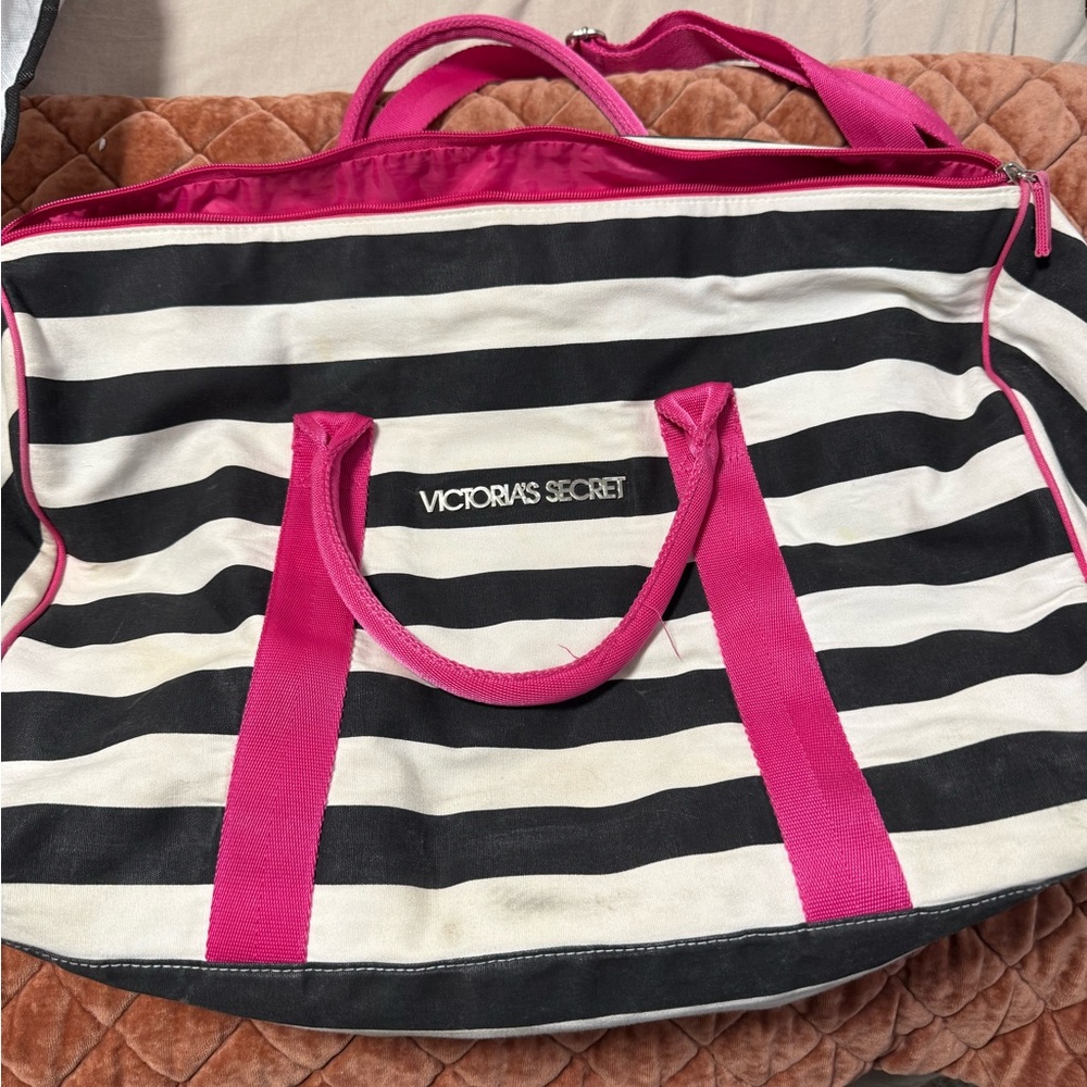 Victoria's Secret Weekender Striped Bag with Pink Highlights